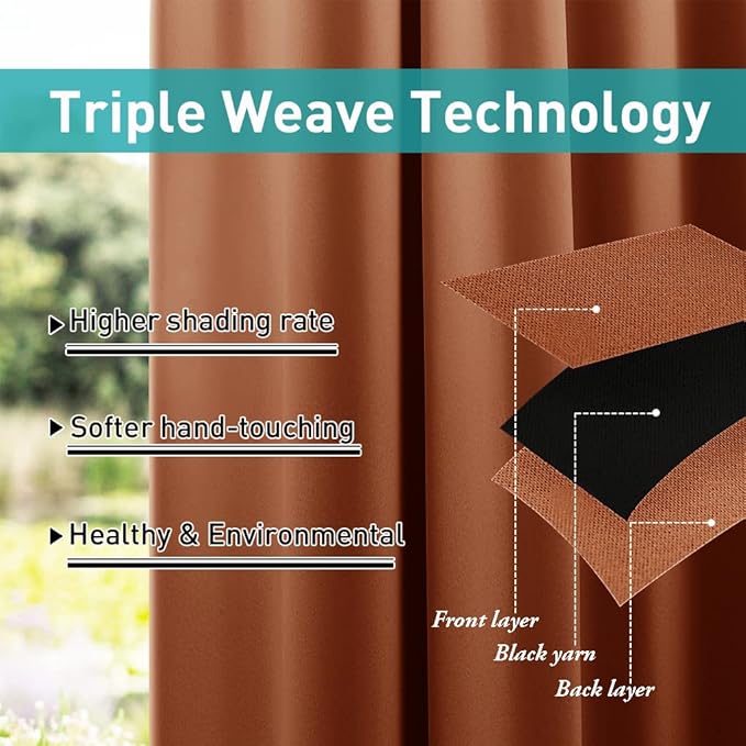 NICETOWN 2 Panels Weighted Blackout Outdoor Curtains for Patio Waterproof, Grommet & Back Tab on top and Bottom Windproof Privacy Thermal Drapes for Gazebo with Fixed Rope, W52 x L95, Burnt Orange