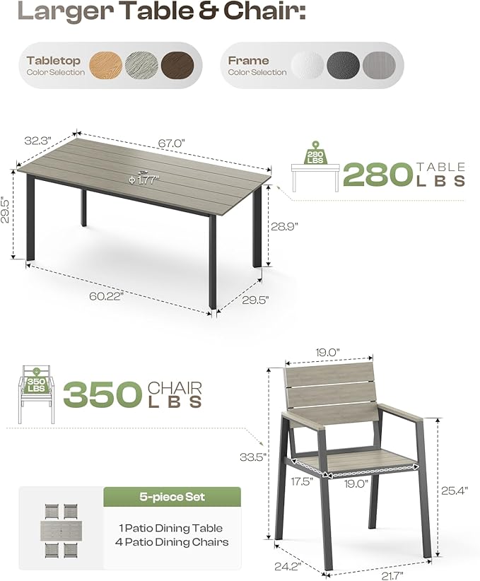 67"*32.3"*29.5" Patio Dining Table, Seamless Rectangle Aluminum + HDPS Outdoor Patio Dining Table with Umbrella Hole, Weather-Resistant for Lawn, Garden, Yard and Indoor Use (Gray)