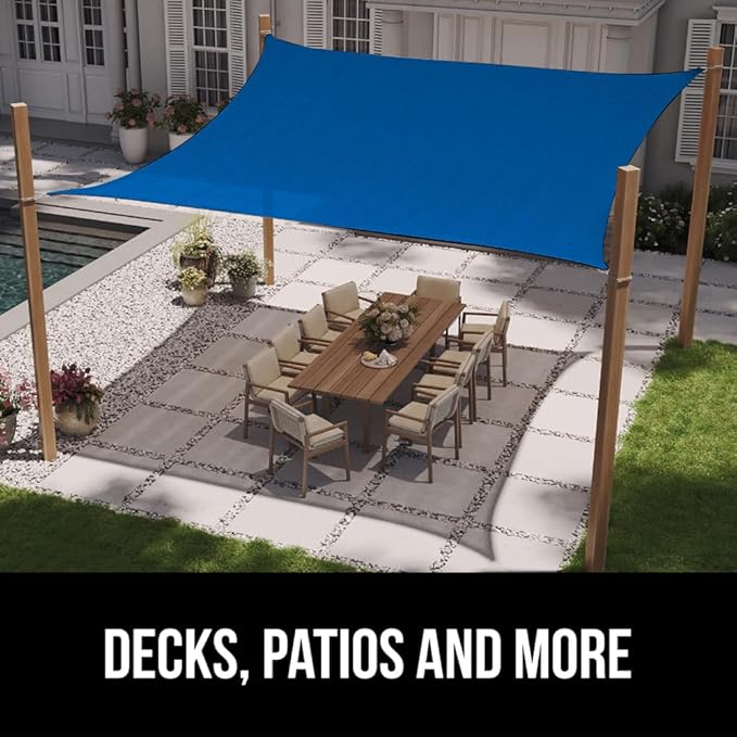GORILLA GRIP Heavy Duty Sun Shade, UV Protection Fade Tear and Rust Resistant Rectangle Sunshade Canopy, Curved Edges Blocks Sunlight, Breathable Sail, Outdoor Patio, Lawn Garden 12x16 FT Blue