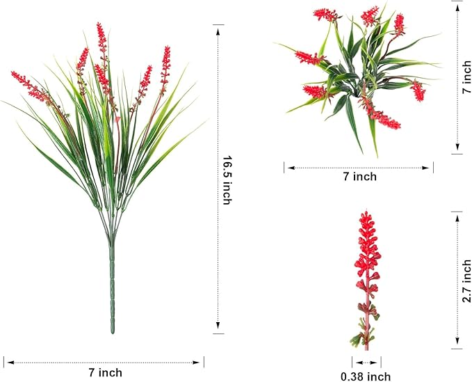 HyeFlora 20 Bundles Artificial Fake Outdoor Plants Flowers for Spring Decoration, UV Resistant Realistic Red Plastic Flowers Faux Plant Monkey Grass for Planter Home Garden Porch Patio Window Box