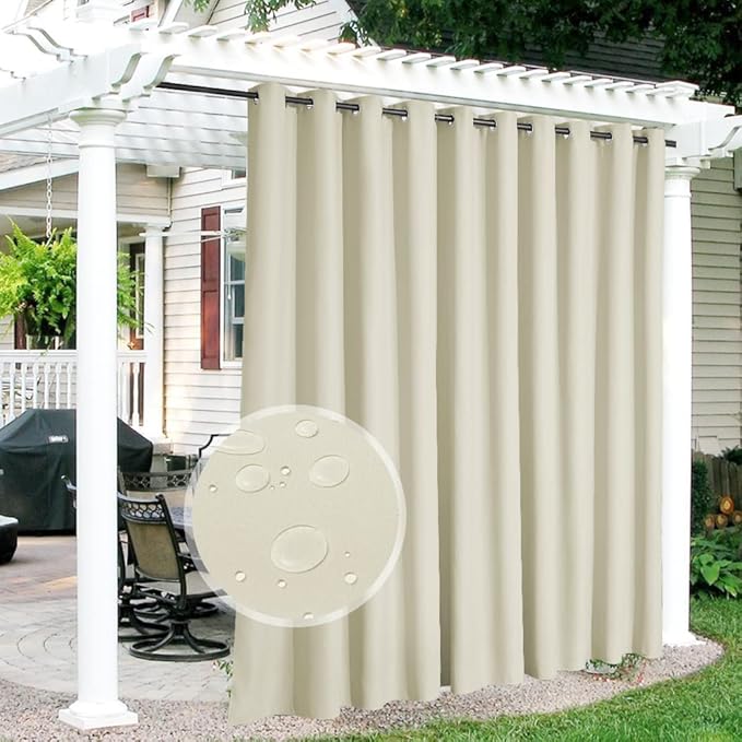 RYB HOME Extra Wide Outdoor Curtains for Patio Waterproof Heavy Duty Thermal Insulated in Summer Full Coverage Privacy for Porch, Cabana & Pool, W150 x L95, Beige, 1 Panel