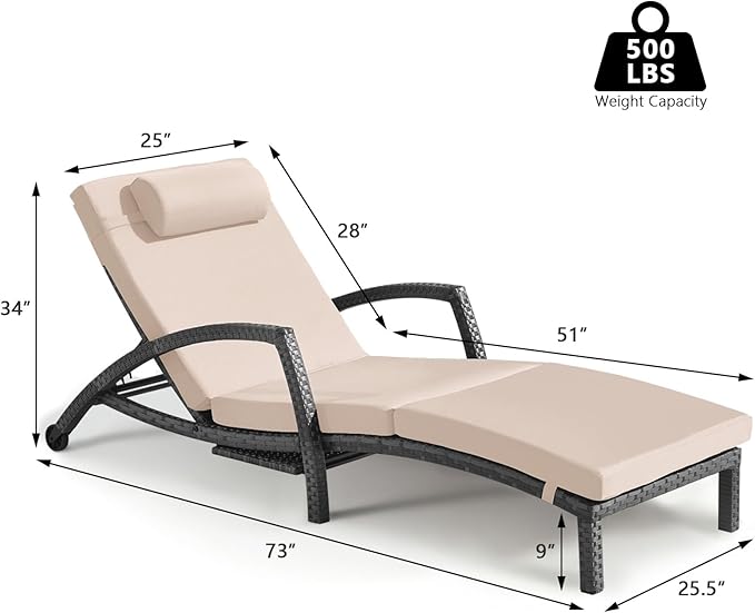 Chaise Lounge Chairs Outdoor Comfy Outside Wicker Patio Pool Lounge Chair w/ 5 Adjustable Back Angle Cup Holder Thicken Cushion (Gray/Khaki, 6 Chairs)