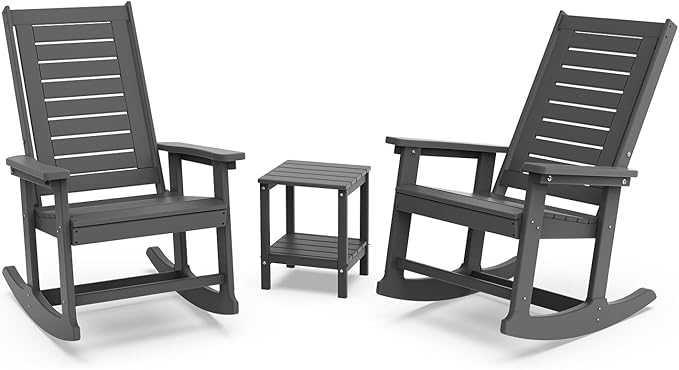 GREENVINES Outdoor Rocking Chair Set | 3-Piece | 2 Rocking Chairs with 1 Side Table | Porch Rocker | HDPE Plastic | Grey | Patio Furniture Sets | High Back | Big & Tall | Ladder Back