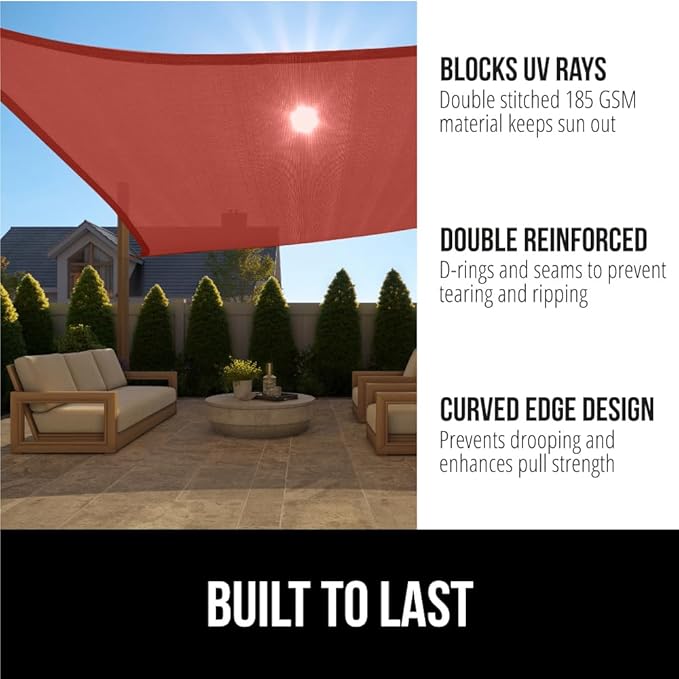 GORILLA GRIP Heavy Duty Sun Shade, UV Protection Fade Tear and Rust Resistant Rectangle Sunshade Canopy, Curved Edges Blocks Sunlight, Breathable Sail, Outdoor Patio, Lawn Garden, 8x12 FT Terra