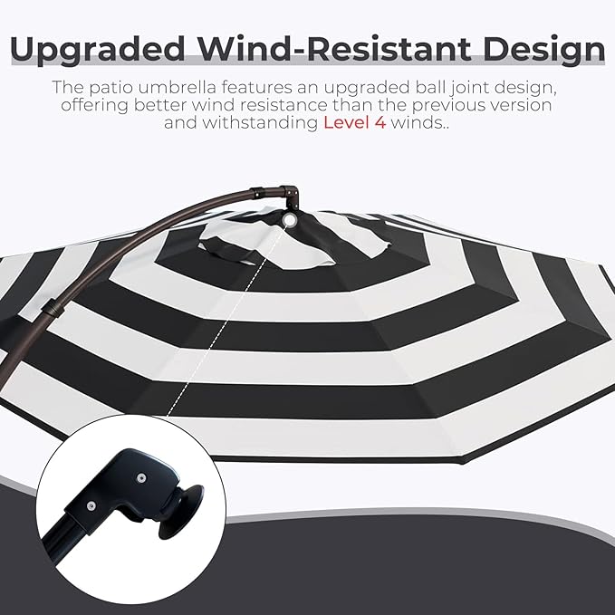 Grand patio 12FT Outdoor Round Offset Umbrella Large Patio Aluminum Cantilever Umbrella with Base for Garden Deck Poolside (Black & White, 12 FT)