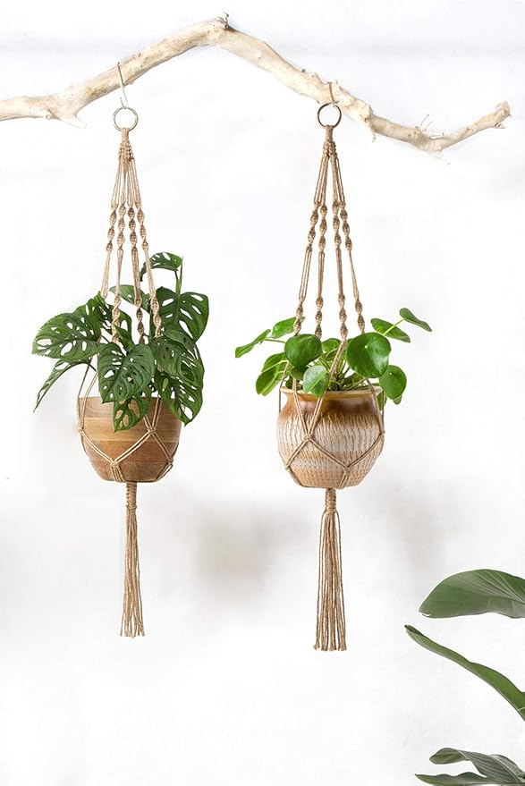 Mkono 2 Pack Macrame Plant Hangers Indoor Hanging Planter Basket Decorative Flower Pot Holder Jute Rope for Indoor Outdoor Home Decor 4 Legs 40 Inch, Brown