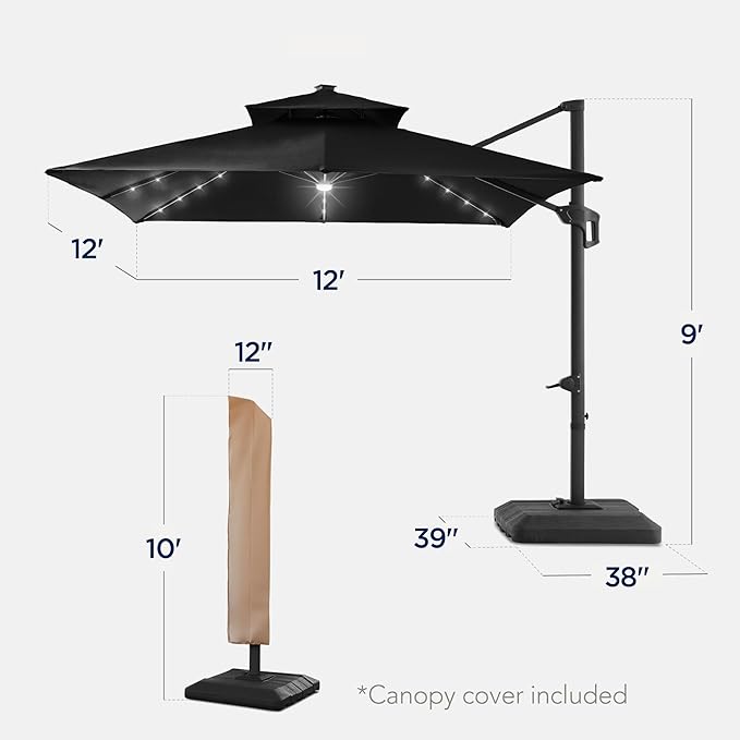 Best Choice Products 12x12ft LED Cantilever Patio Umbrella w/Base Included & 360° Rotation, Large Solar Offset Hanging Outdoor Sun Shade for Deck, Backyard Table w/Stand & Lights – Black