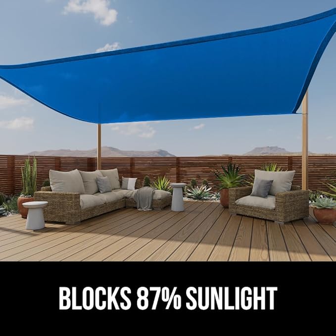 GORILLA GRIP Heavy Duty Sun Shade, UV Protection Fade Tear and Rust Resistant Rectangle Sunshade Canopy, Curved Edges Blocks Sunlight, Breathable Sail, Outdoor Patio, Lawn Garden 10x10 FT Blue