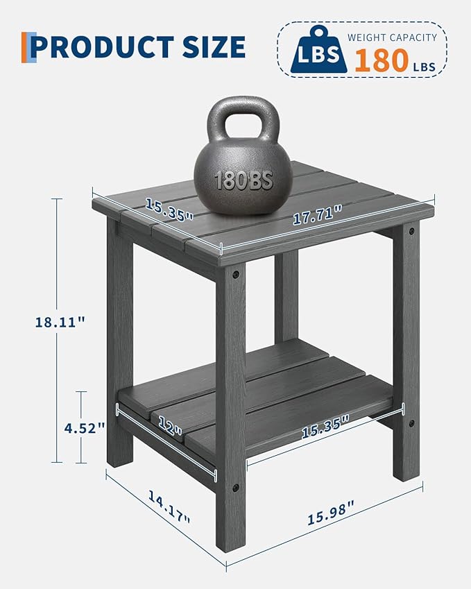 GarveeLife Outdoor Side Table 2-Tier, 18 in HDPE All Weather Resistant Patio Side Tables for Outside, End Table for Patio Pool Deck Indoor Backyard, Grey-2Pcs