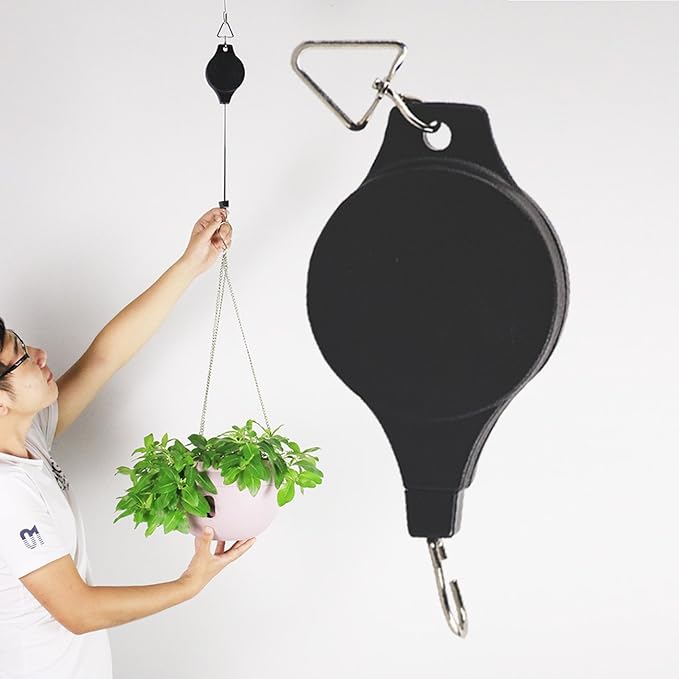 Ogrmar 2PCS Plant Pulley Retractable Pulley Plant Hanger Hanging Flower Basket Hook Hanger for Garden Baskets Pots and Birds Feeder in Different Height Lower and Raise Pack of 2 (Black)