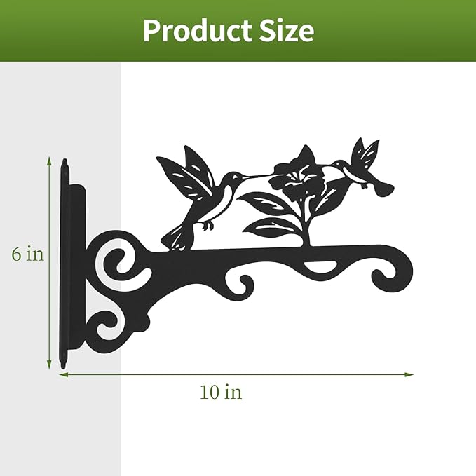Elegant Bird Pattern Wall Hooks - 10/12/14 Inch Metal Plant Hangers for Indoor & Outdoor - Rust-Resistant Bracket for Plants, Feeders, Chimes, Lanterns (4, Black, 10 inch)