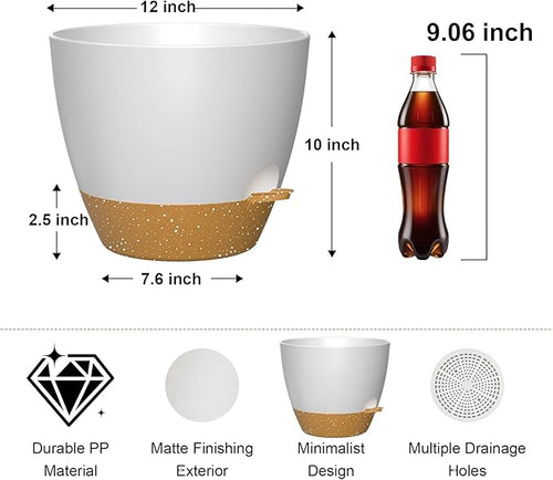 12 Inch Large Self Watering Pots, Flower Pots with Multi-Mesh Drainage Holes and Saucer, Planters for Indoor and Outdoor Garden Plants (White with Brown)