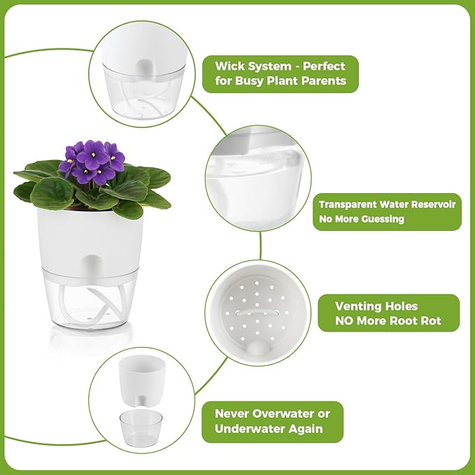 Planterhoma 3 Pack Self Watering Pots for Indoor Plants, 6 Inch Plant Pot Plastic Self Watering Planter for Orchid, African Violet, Small Clear Flower Pots with Drainage Holes and Wicking Rope, White