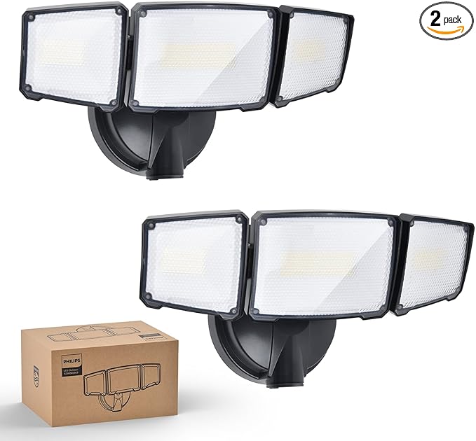 Philips 72W 7400LM LED Flood Lights Outdoor, Switch Controlled Aluminum Security Lights, 3 Adjustable Heads, Wall Mount, 5000K Daylight, Waterproof for Yard, Garage (2 Packs)