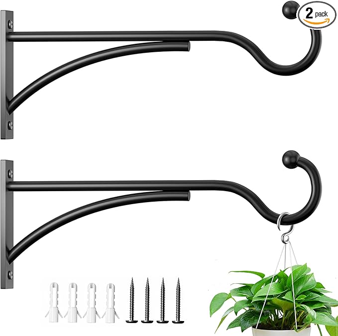 11 Inch 2 Pack Heavy Duty Plant Hangers Outdoor, Metal Plant Brackets for Hanging Baskets, Plant Wall Hooks for Bird Feeders, Wind Chimes & Lanterns, Premium Metal Hooks Matte Black, 30lbs Capacity