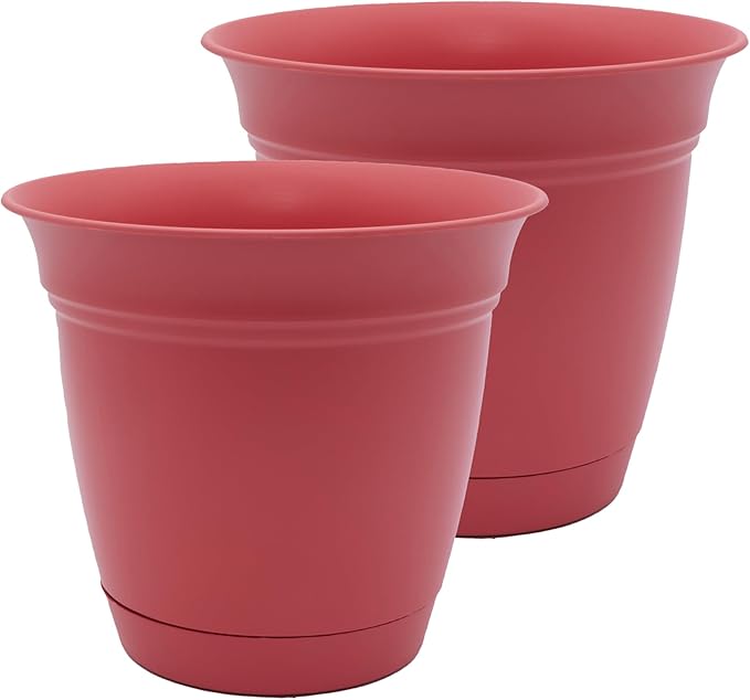 The HC Companies 16 Inch Eclipse Round Planter Pots with Drainage Holes & Attached Saucer, Lightweight UV-Resistant Plastic Indoor & Outdoor Planters, 2-Pack Flower Pots for Garden & Home Decor, Rose