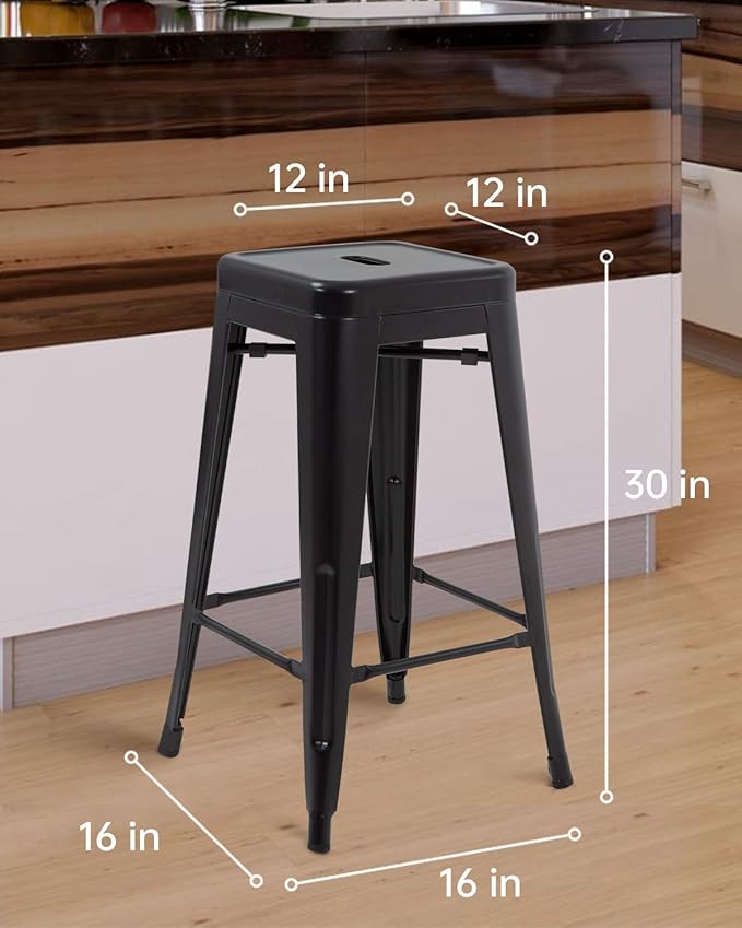 FDW Metal Bar Stools Set of 4 Counter Height Bar Stools 24 Inches Industrial Bar Chairs Patio Stool Stackable Backless Stool Indoor Outdoor Metal Kitchen Stools Bar Chairs (Black, 30")