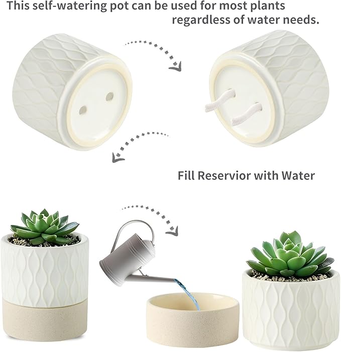 Nihow Self Watering Plant Pot: 4.5 Inch Ceramic Planter with Drainage Hole & Water Storage Plus for Indoor & Outdoor Plants - Cylinder Flower Pot for Herbs/Violets - Cream White & Brown Net