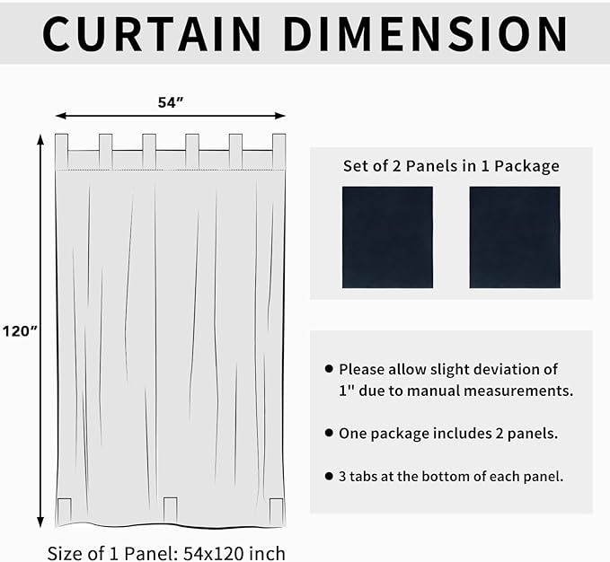 Easy-Going Outdoor Patio Curtains Detachable Tab Top Windproof Weatherproof Curtain for Cabana, Porch, Pergola and Gazebo, Tab Bottom Drape, 2 Panels, 54W x 120L inch, Navy