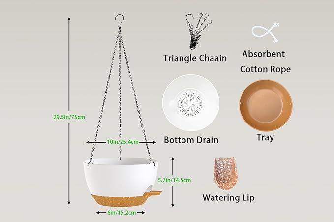 Hanging Planters, 3-Pack 10 Inch Self-Watering Pots with Drainage Holes and Chains, Matte Plastic Planters for Indoor/Outdoor Plant（White Brown）