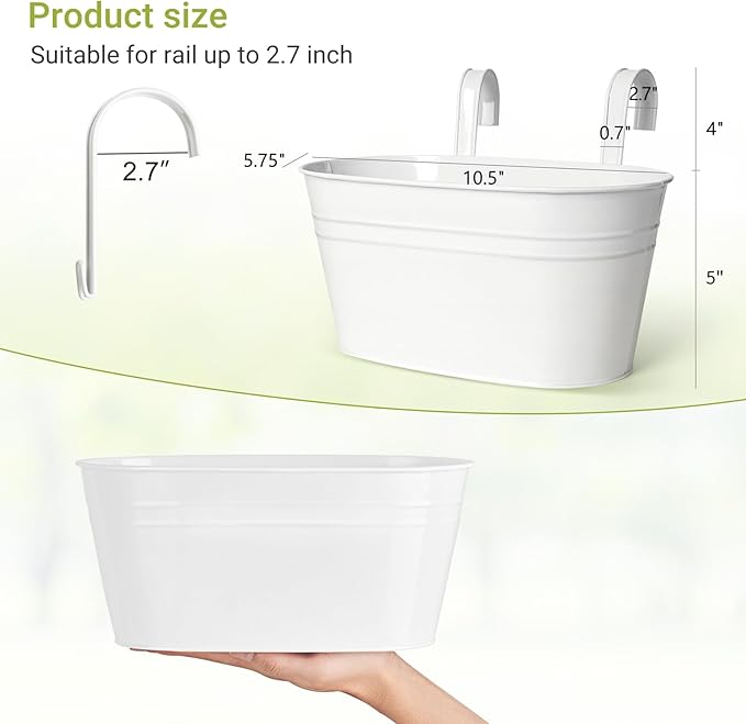 Dahey 10.5 Inch Metal Iron Hanging Flower Pots for Railing Fence Hanging Bucket Pots Countryside Style Window Flower Plant Holder with Detachable Hooks Home Decor,White,5 Pcs