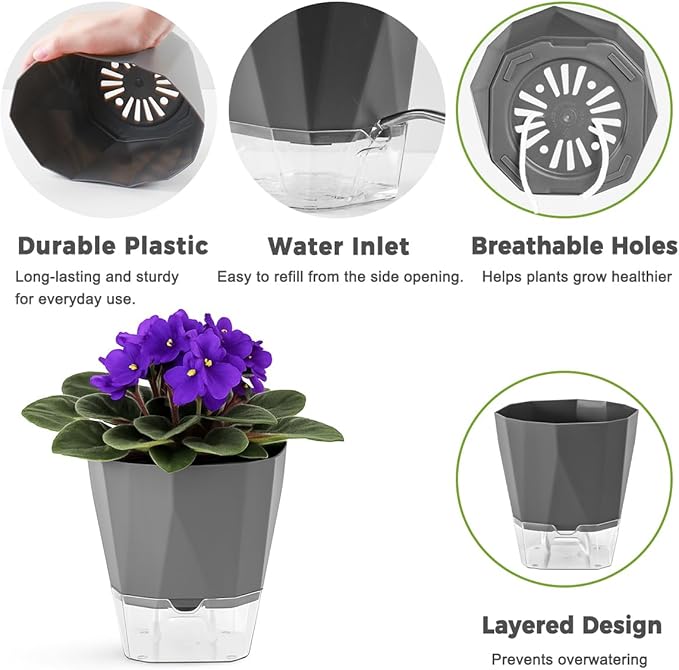 12 Pack Self Watering Plant Pots 6 Inches Self-Watering Planters for Indoor and Outdoor Plants African Violet Succulent Pots Clear Pot for Plants Large Herb Orchid Flower Houseplant Plant, Dark Grey