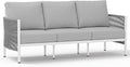 Aluminum Outdoor Patio Couch, 3 Seats HDPE Rope Patio Sofa with Washable Thick Cushion, All-Weather Patio Furniture for Balcony, Yard, White Frame, White