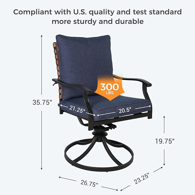 Grand patio 7-Piece Outdoor Dining Set, 6 Leather-Look Wicker Blue Swivel Patio Chairs & 1 Expandable Dining Table, Black