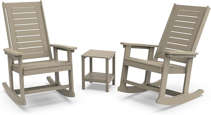 GREENVINES Outdoor Rocking Chair Set | 3-Piece | Desert Brown Wood Grain | 2 Rocking Chairs with 1 Side Table | Porch Rocker | HDPE Plastic | Patio Furniture Sets