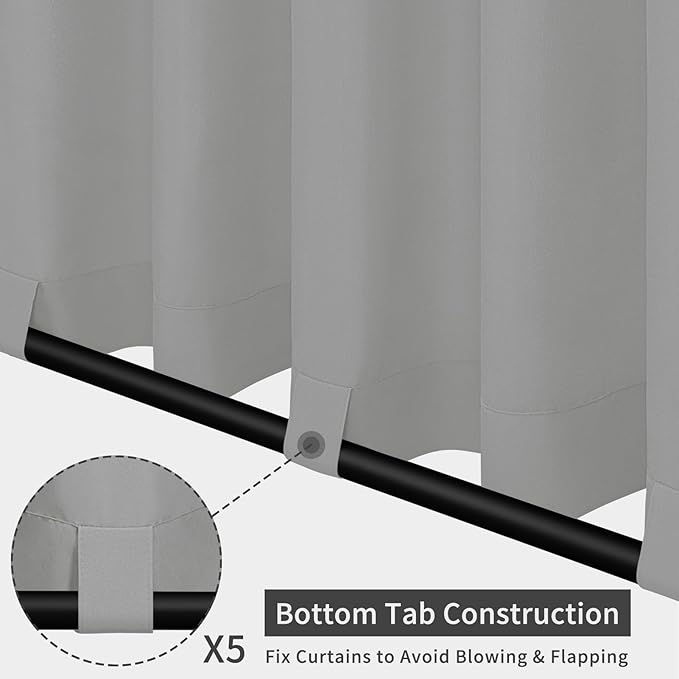 Easy-Going Outdoor Patio Curtains Detachable Tab Top Windproof Weatherproof Curtain for Cabana, Porch, Pergola and Gazebo, Tab Bottom Drape, 2 Panels, 110W x 120L inch, Light Grey