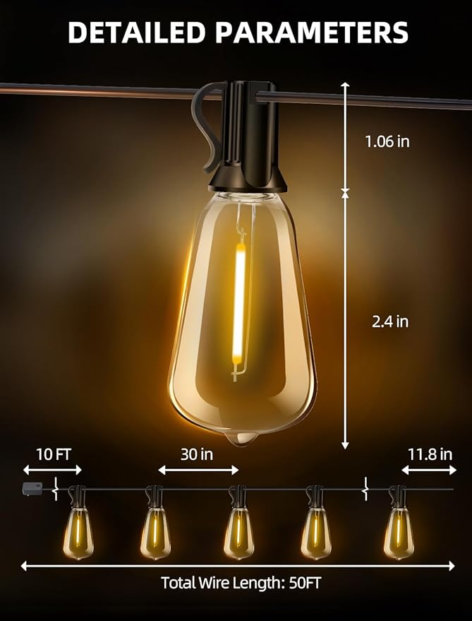 Outdoor Patio String Lights 50ft: ST38 LED Shatterproof Bulbs 3 Modes Button Control - Waterproof Connectable Lights - Wedding Bistro Party Backyard Gazebo Decorative
