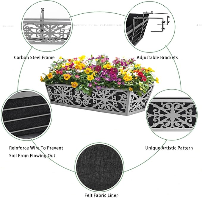 4 Pack 24 Inch Window Boxes Planter for Outdoor Plants Deck Railing Planters Box with Adjustable Brackets for Porch Fence Balcony Hanging Flower Baskets with Non-Woven Fabric Liner for Garden Decor