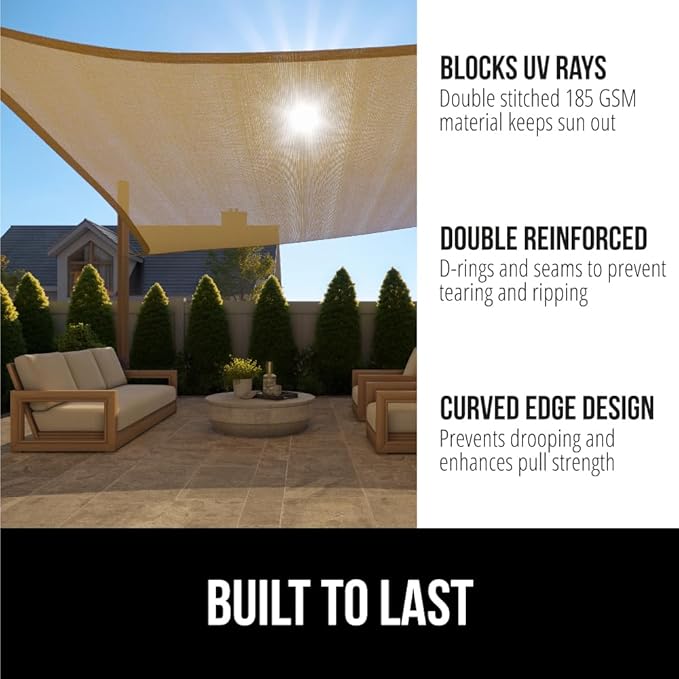 GORILLA GRIP Heavy Duty Sun Shade, UV Protection Fade Tear and Rust Resistant Rectangle Sunshade Canopy, Curved Edges Blocks Sunlight, Breathable Sail, Outdoor Patio, Lawn Garden 10x10 FT Sand