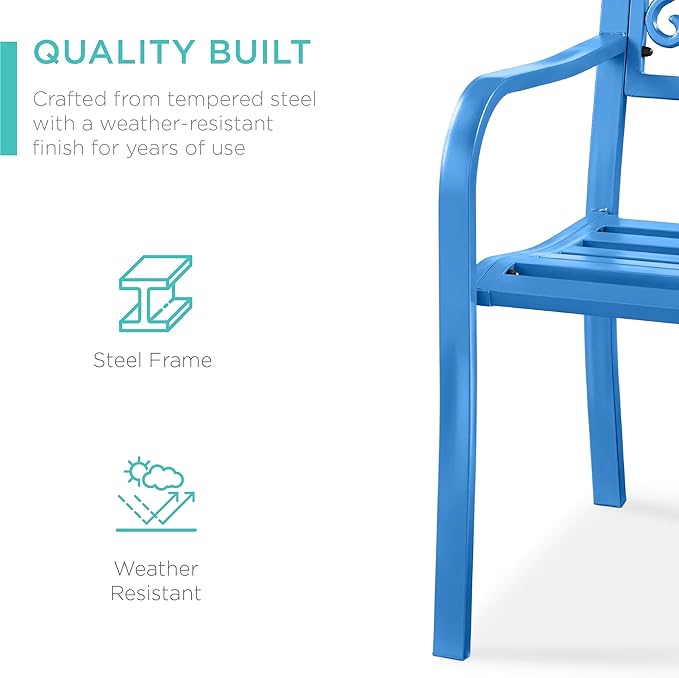 Best Choice Products Outdoor Bench Steel Garden Patio Porch Furniture for Lawn, Park, Deck w/Floral Design Backrest, Slatted Seat - Ocean Blue