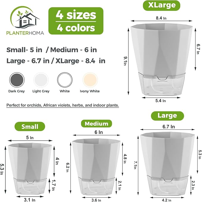 2 Pack Self Watering Pots for Plants, 8.4" Self Watering Planters Large African Violet Self Watering Clear Pots for Plants Large Herb Orchid Flower Houseplant Pots, Light Grey