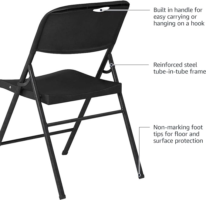 Amazon Basics Sturdy Foldable Plastic Chair, Portable, 350-Pound Capacity, Black, 6-Pack