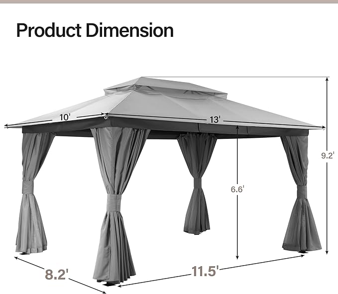 LAUSAINT HOME Semi-Permanent Outdoor Patio Gazebo 10'x13', Heavy Duty Party Tent Shelter with Double Roofs, Mosquito Nettings and Privacy Screens for Backyard, Garden, Lawn, Gray