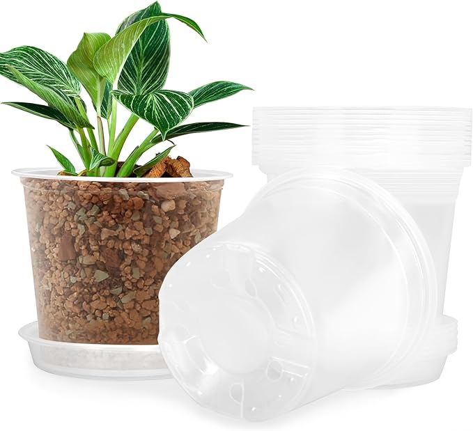 6 Inch Clear Nursery Pots for Plants with Sacuers 15 Pack, Plastic Flower Pots with Drainage Holes, Variety Pack Seedlings Garden Pot for Indoor Outdoor (6 inch)