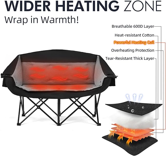 Heated Double Camping Chair - Heated Loveseat Chair for 2 Person Heavy Duty Oversized Padded Camping Couch for Adults Outdoor Sports Lawn Portable Folding Chairs