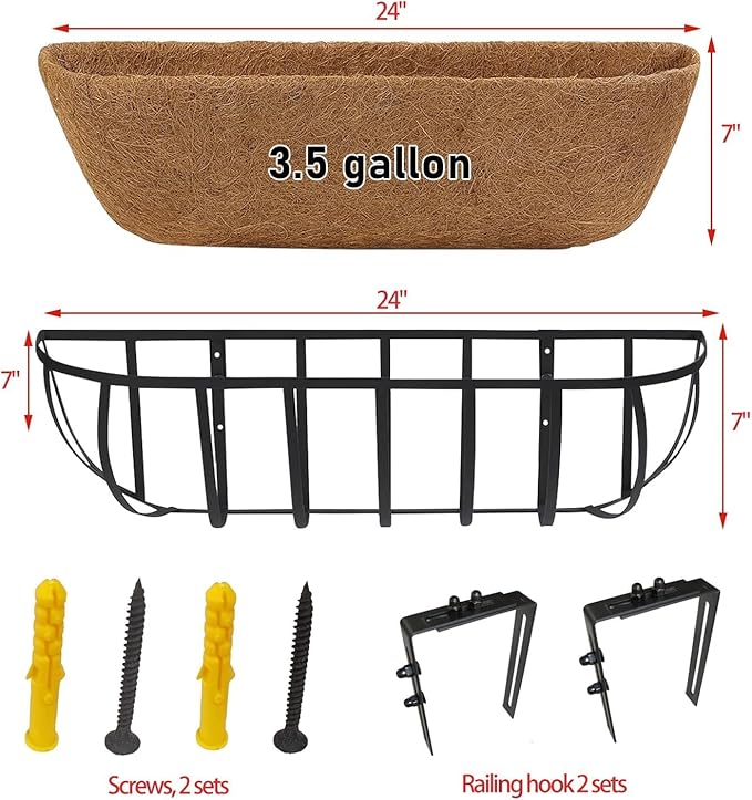 2 Pack 24" Railing Planter Window Box with Coco Fiber Liner Horse Trough Planter The Railing Planters Boxes for Deck Porch Fence Outdoor