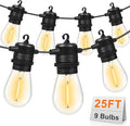 LED Outdoor String Lights 25FT with 9 Shatterproof S14 Bulbs, Waterproof for Porch, Deck, Garden, Balcony, Dimmable 2700K