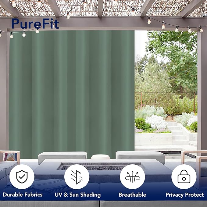 PureFit Outdoor Curtains for Patio Waterproof Weatherproof, UV Resistant Outside Curtains for Gazebo, Front Porch, Pergola, Sun Blocking Privacy Curtain, 100W x 95L inch, 1 Panel, Sage Green