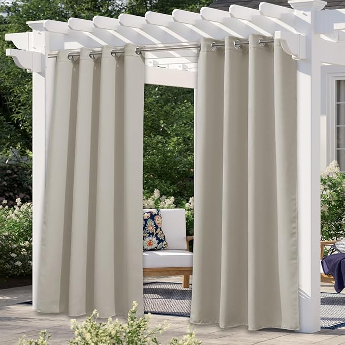 NICETOWN Patio Curtain for Outdoor Waterproof 120" Long, Stainless Grommet Thermal Insulated Sun Blocking Outdoor Drape for Balcony, UV Protection Outside Privacy Blind, 52" Wide, Natural, 1 Panel