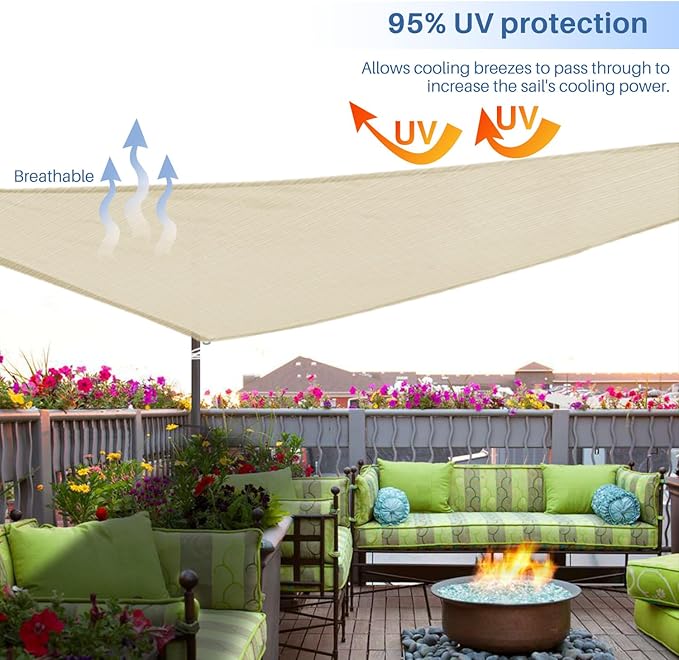 E&K Sunrise 23' x 23' x 23' Sun Shade Sail Triangle Canopy Shade Cover UV Block for Patio Backyard Garden Outdoor (Beige)