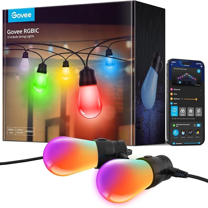 Govee Smart Outdoor String Lights H7015, 48ft RGBIC Outdoor Lights with 15 Dimmable LED Bulbs, IP65 Waterproof, Color Changing Warm White Lights with 47 Scene Modes for Patio, Backyard, App Control