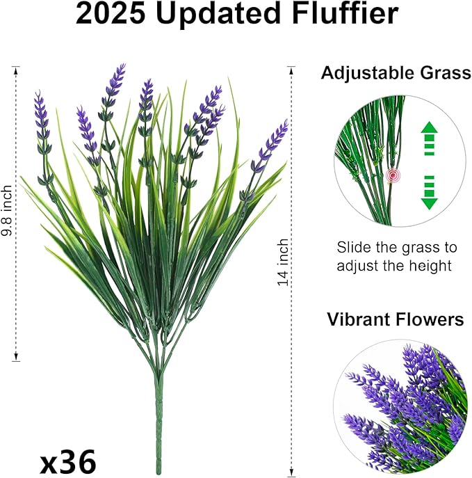 ZINHO 36 Bundles Artificial Flowers Outdoor, Faux Lavender Flowers with Grass UV Resistant Artificial Plants for Outdoor Outside Hanging Planter Window Box Garden Patio Front Porch Decor