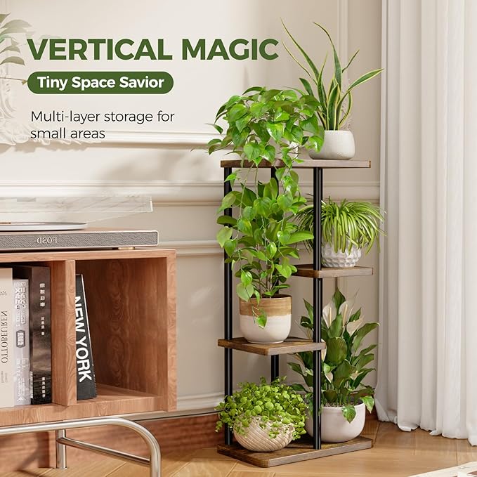 Bamworld Plant Stand Indoor, Corner 4 Tier Metal Plant Shelf for Multiple Plants, Tiered Flower Pot Stands for Patio Garden Balcony Living Room Bedroom, Brown