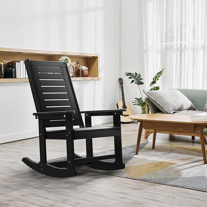 GREENVINES Outdoor Rocking Chairs | Set of 4 | Porch Rocker | HDPE Plastic | Black | Oversized Rockers | High Back | Big & Tall | Ladder Back | for Patio Outside Backyard Balcony Garden