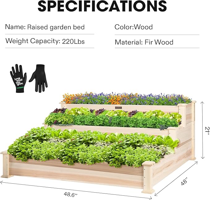 VIVOSUN 3-Tier Wooden Raised Garden Bed, 48 x 48 x 21 Inches, Outdoor Wood Planter Kit for Plants, Herbs, and Vegetables for Garden, Patio, Balcony, Backyard and Outdoors