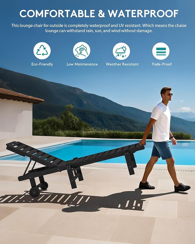 SERWALL Outdoor Chaise Lounge Set of 8, HDPE Pool Lounge Chairs with 5-Position Adjustable Backrest, Patio Loungers with Rolling Wheels & Cup Holder for Pool Sunbathing, Black